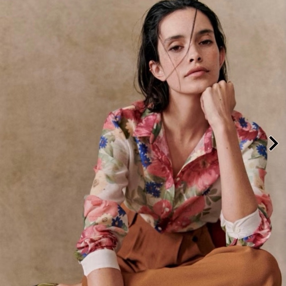 SEZANE Pierro Shirt in Pink Creation Pastel Floral Silk/Cotton, SZ 8 (40), NWT